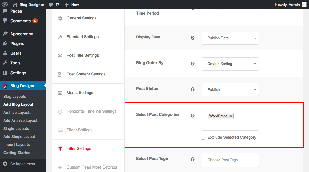 Blog Designer PRO: selectați categoria postării