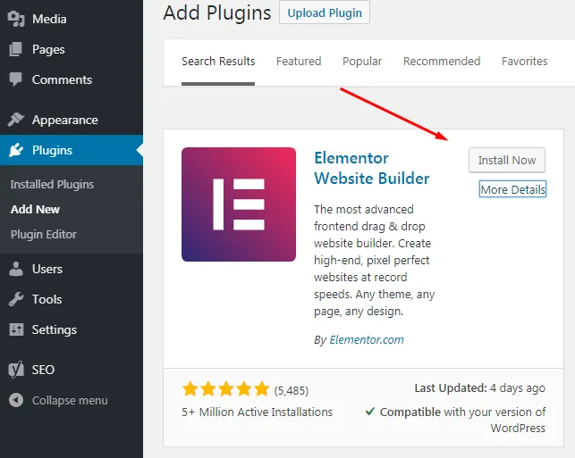 زر لتثبيت منشئ موقع Elementor على صفحة البرنامج المساعد لتعديل صفحة WordPress الرئيسية بسهولة.