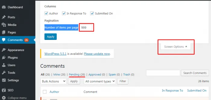 WordPress 中的評論設置選項卡。