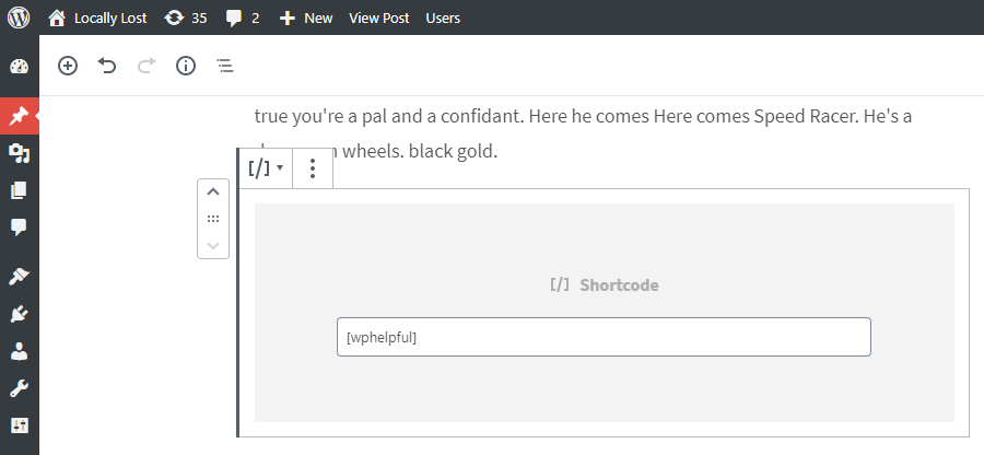 Captura de tela do uso do código de acesso do plug-in WPHelpful no editor.