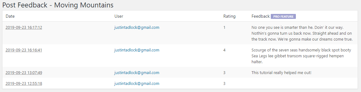 Captura de tela do feedback da postagem