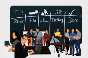 Une illustration d'équipes qui intègrent Slack à WordPress pour améliorer leur flux de travail, avec des tâches au tableau derrière elles.