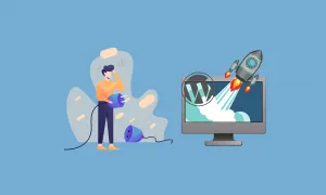 WordPress web sitesinden çıkan rokete bakan elektrik eklentisi olan bir adamın bir illüstrasyonu.