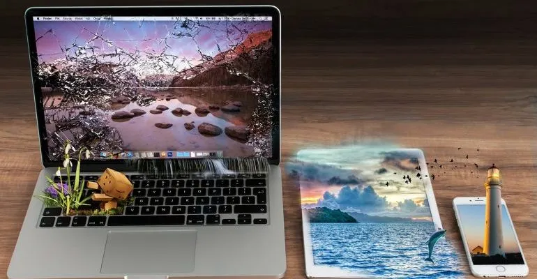 ラップトップ、タブレット、およびスマートフォンでの抽象的なライブバックグラウンド効果。