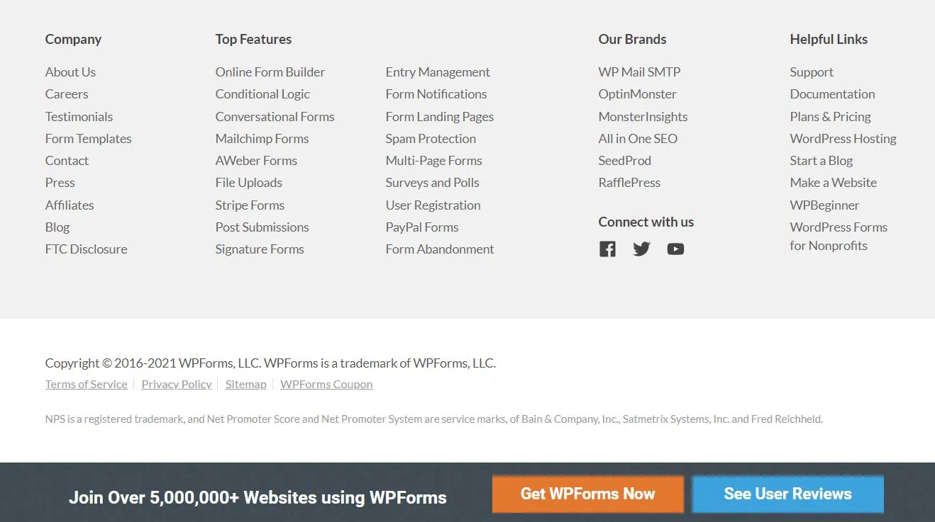 wpforms.com의 WordPress 바닥글 디자인 스크린샷
