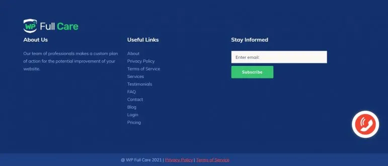 WordPress 바닥글 디자인의 예인 wpfullcare.com 바닥글의 스크린샷