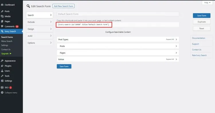 WordPress 단축 코드가 있는 Ivory 검색 양식 옵션.