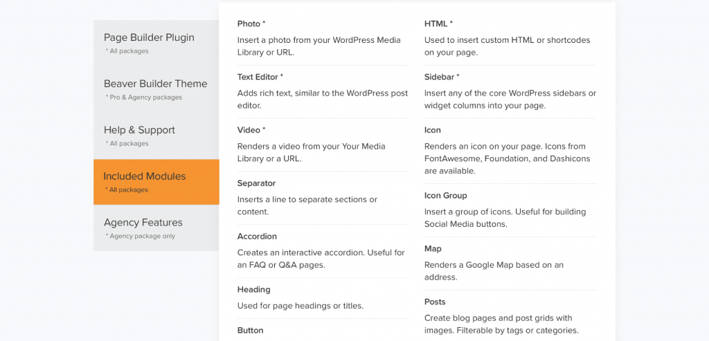 포함된 모듈 Content modules included in the Beaver Builder