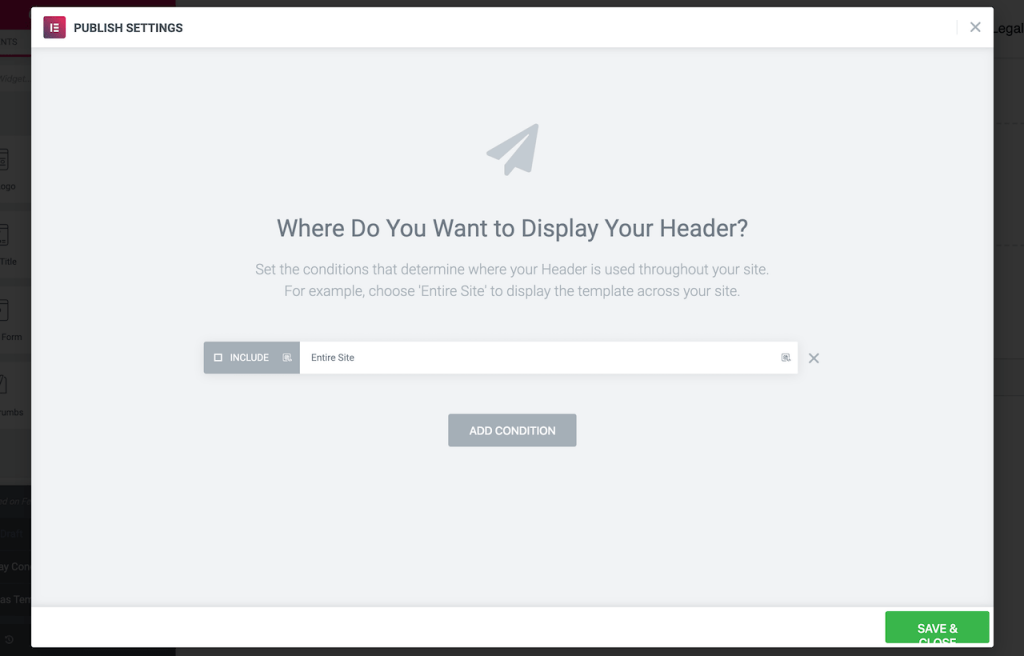Publishing settings of Elementor