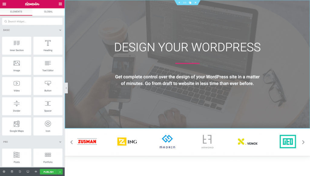 Frontend interface of the Elementor page builder