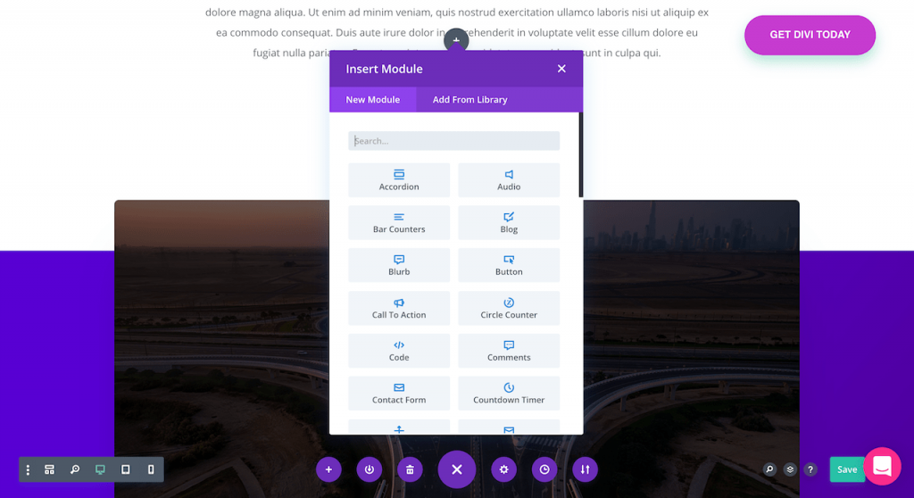 Insert content modules in divi page builder