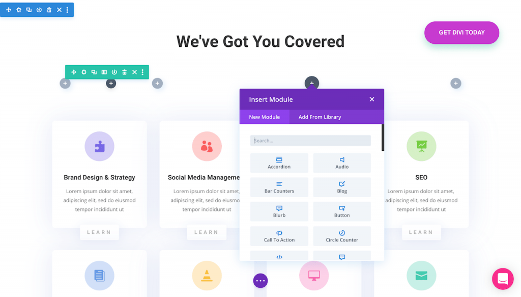 Interface of the Divi page builder