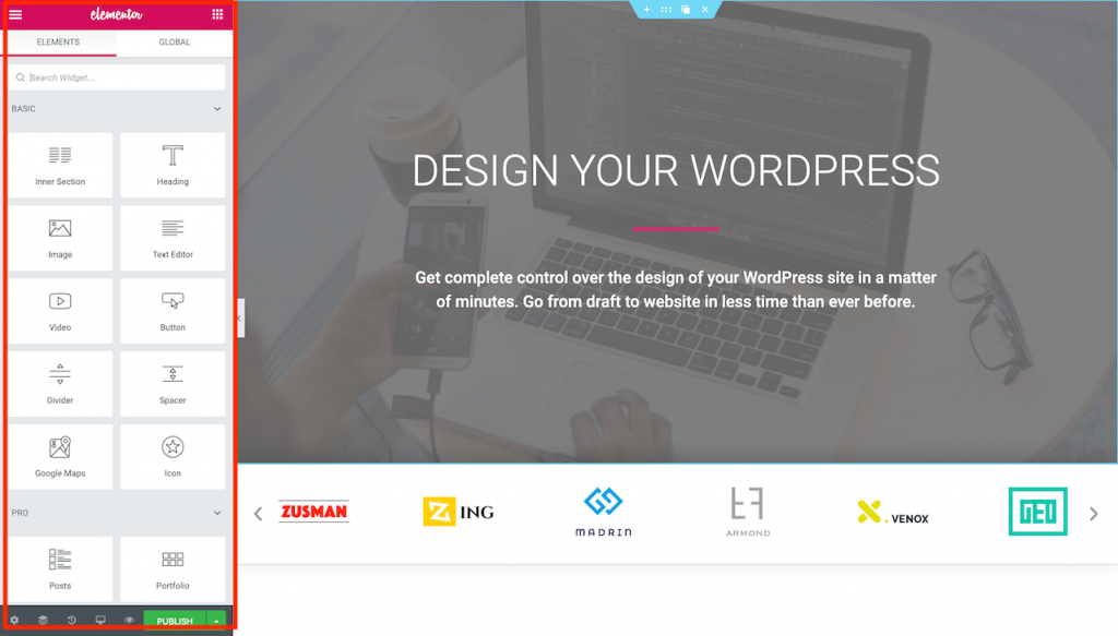 Frontend interface of Elementor with sidebar
