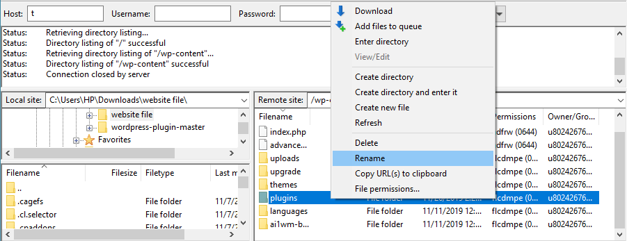 Nonaktifkan plugin di WordPress - FTP