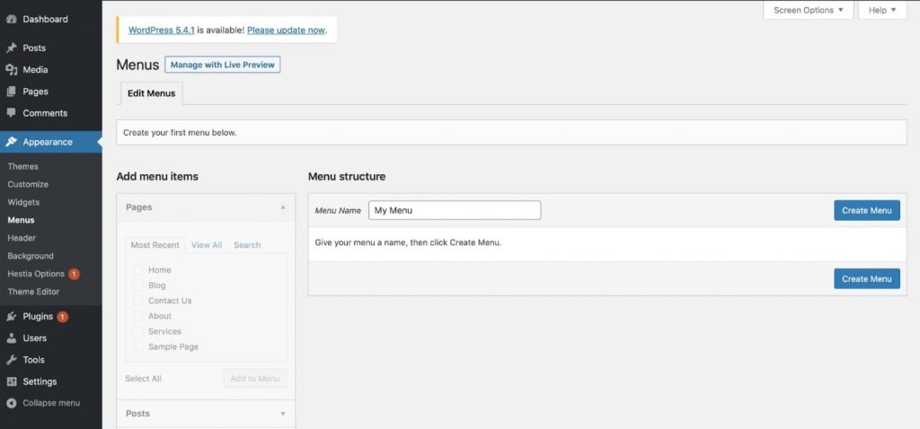 처음부터 웹 사이트를 구축하는 WordPress 메뉴