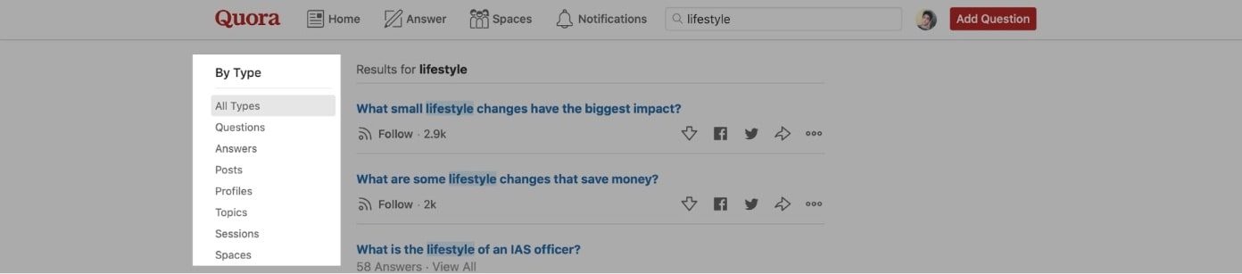Quora 검색 페이지