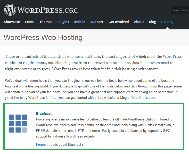 처음부터 웹 사이트 만들기 - 호스팅 선택 - WordPress에서 Bluehost 권장