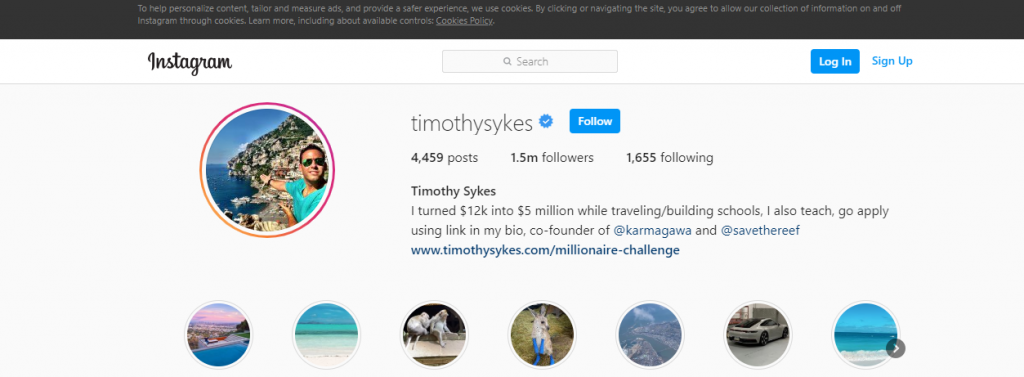 Halaman Instagram Timothy Sykes menunjukkan jumlah pengikut