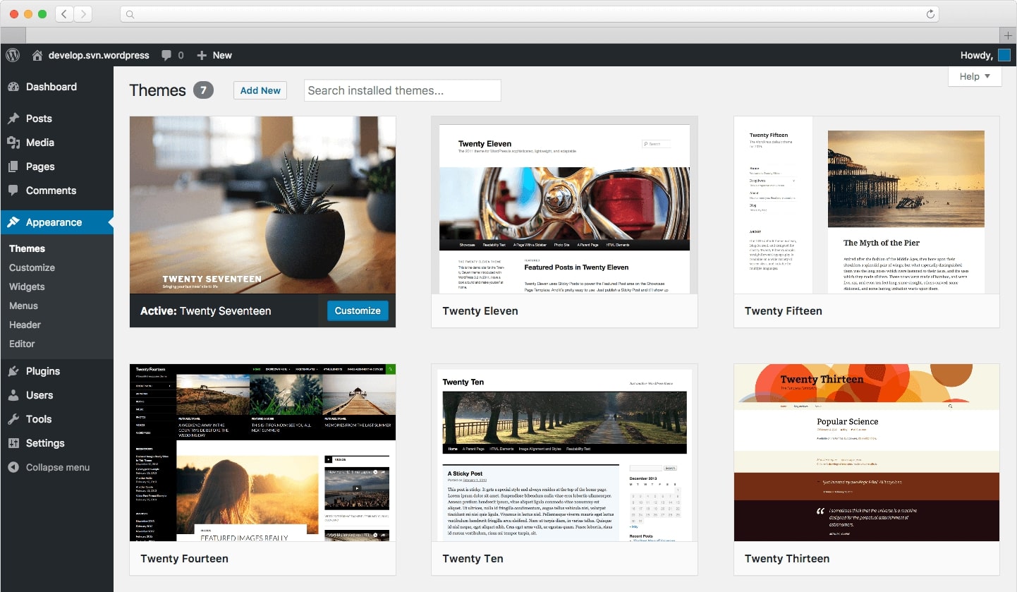 Temi WordPress nella dashboard
