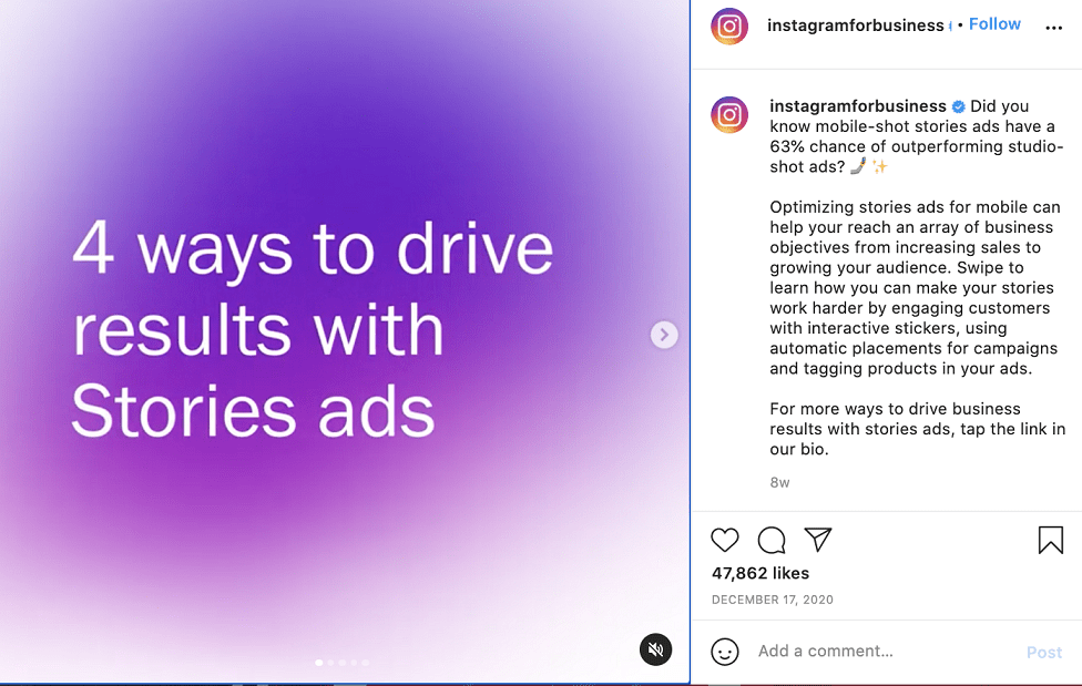 Iklan Stories yang direkam di seluler mengungguli iklan studio-shot sebesar 63%