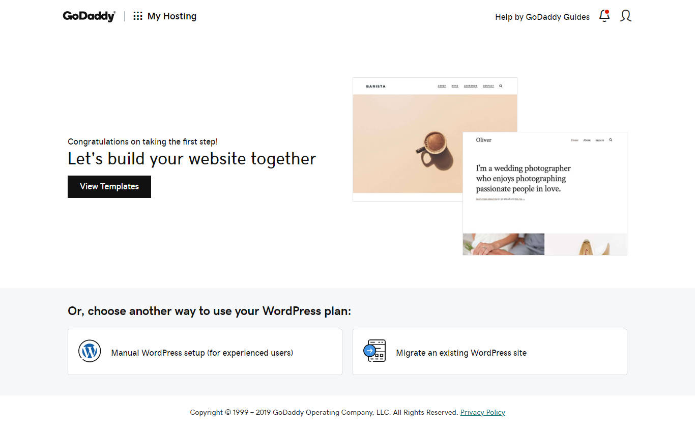 Стартовый экран управляемого GoDaddy хостинга WordPress.