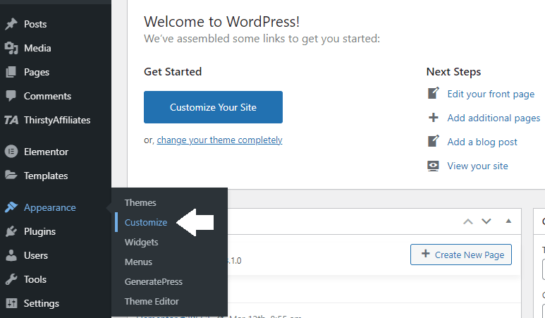 Edit WP footer - Buka Bagian Penampilan WP