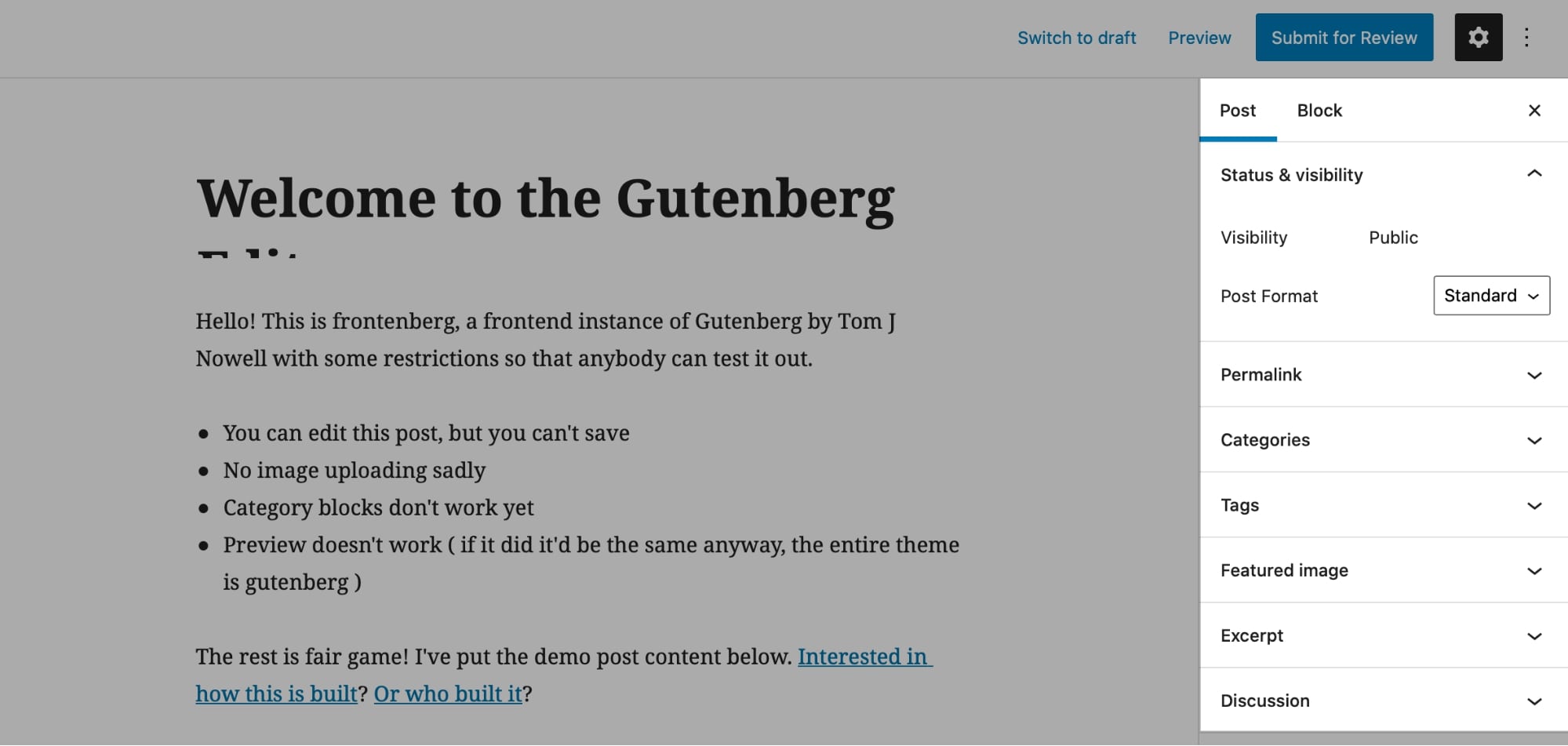 Pengaturan posting editor Gutenberg