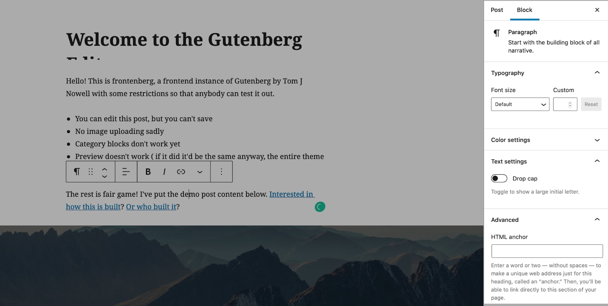 Pengaturan kustomisasi Blok Gutenberg