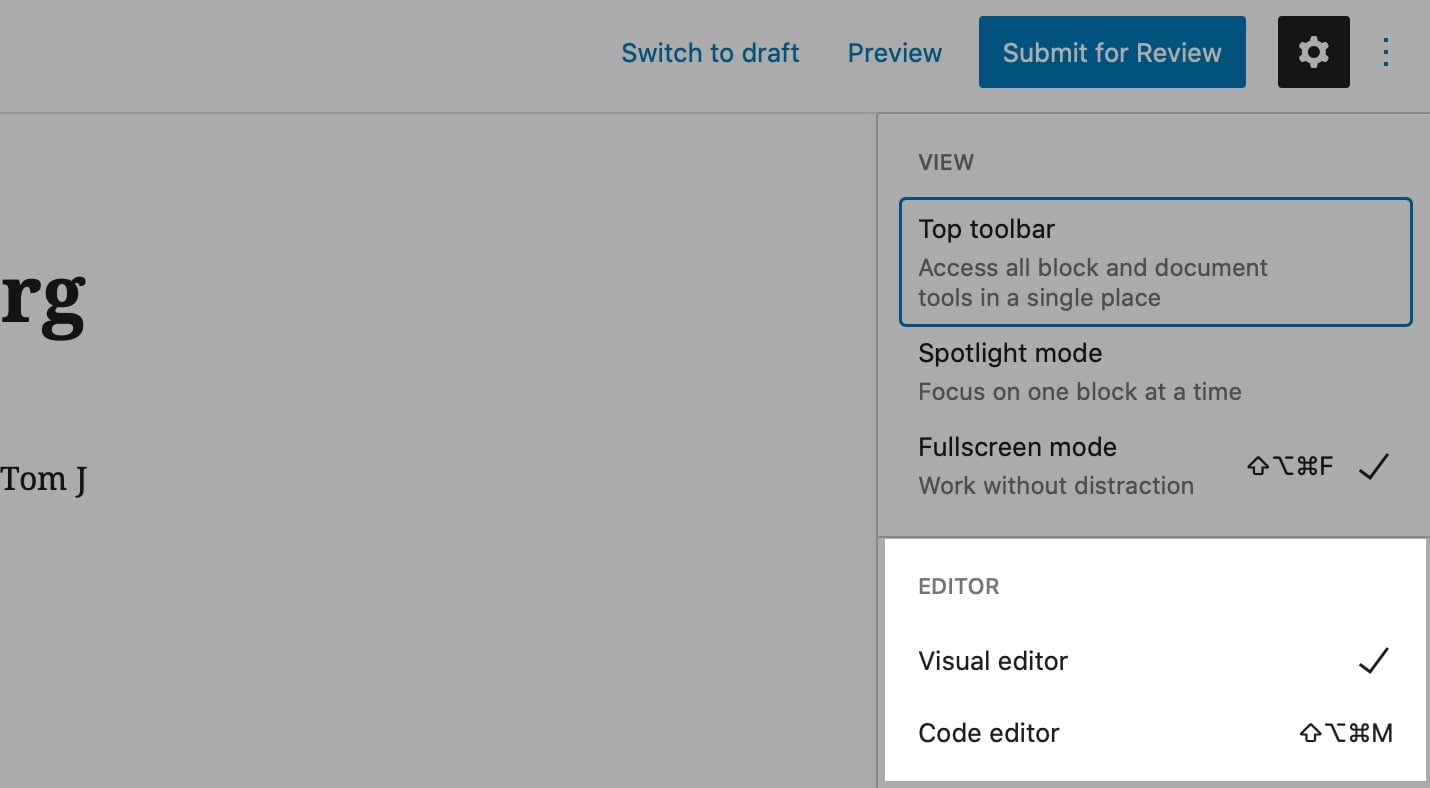 Editor kode di Gutenberg