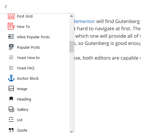 Ketik perintah slash untuk melihat blok yang tersedia saat membandingkan gutenberg vs elementor