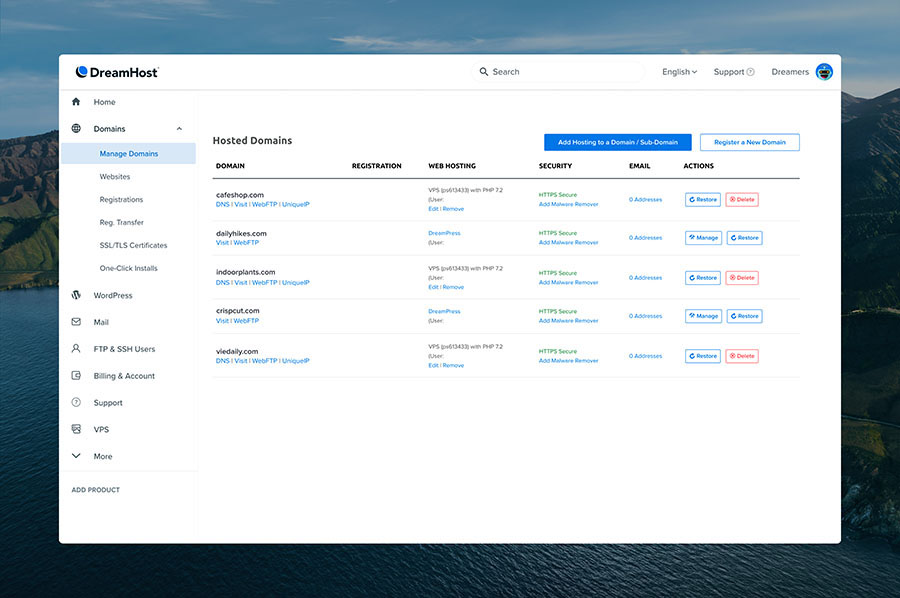 Панель управления DreamHost