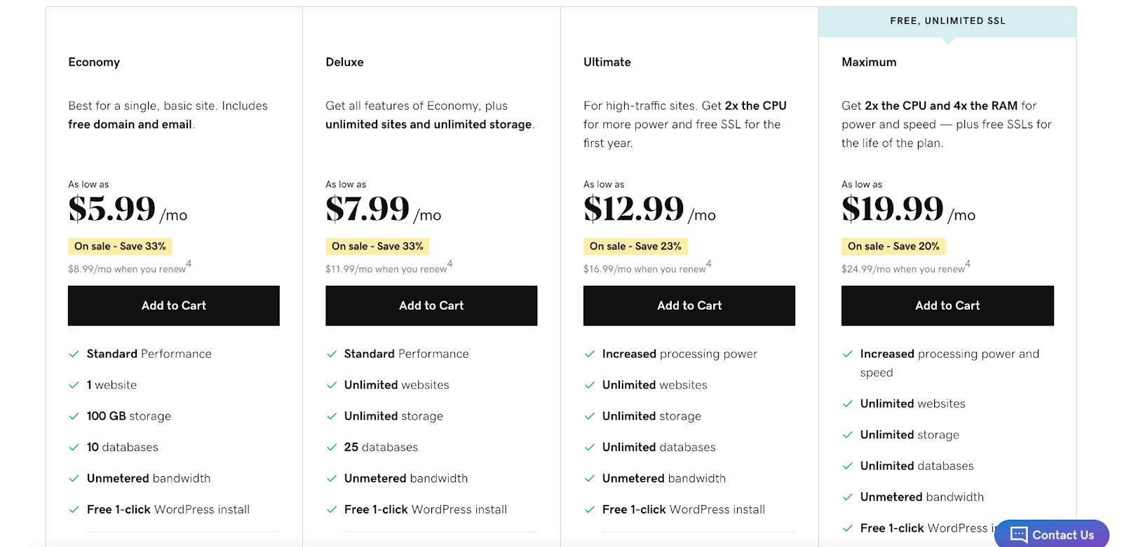 GoDaddy 网络托管定价计划