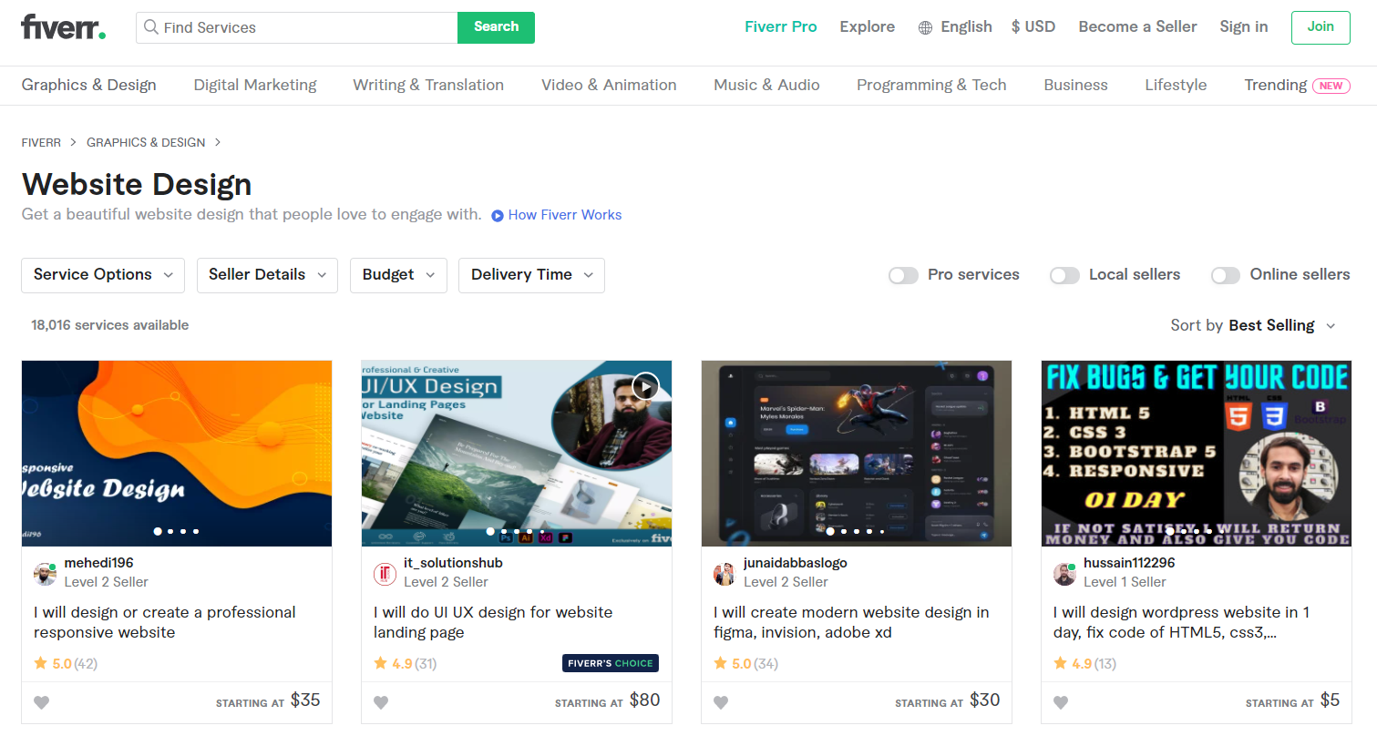 Shows de design de sites Fiverr