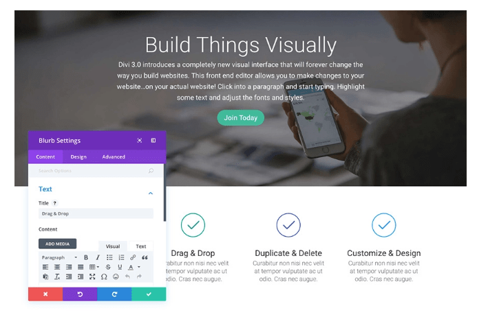 Captura de tela do editor visual Divi