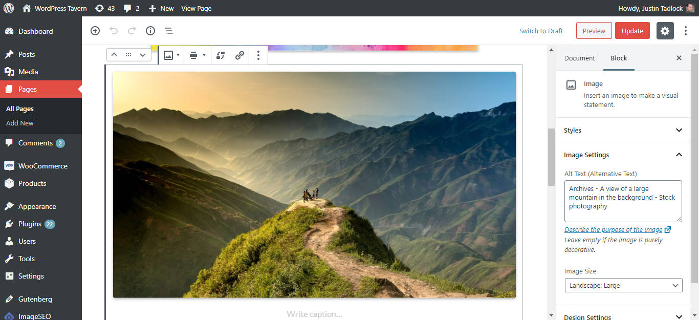 Скриншот использования плагина Image SEO в редакторе блоков WordPress.