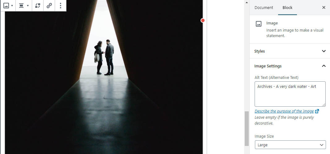 Скриншот плагина Image SEO в редакторе блоков с неверным alt-тегом изображения.