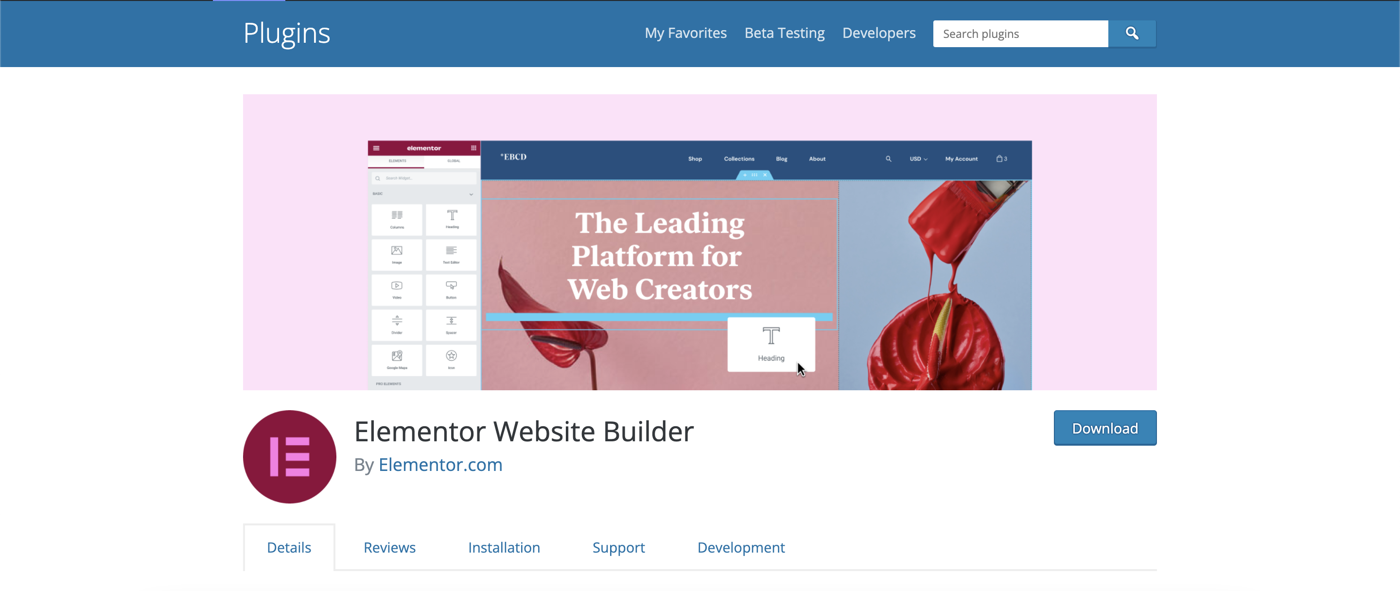 المكون الإضافي Elementor Website Builder في مكتبة مكونات WordPress الإضافية