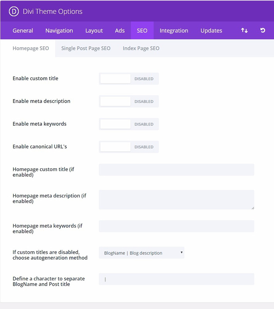 Divi Homepage SEO-Einstellungen