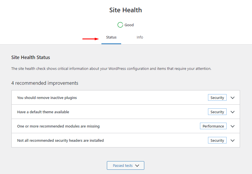 Registerkarte Gesundheitszustand der Divi-Site