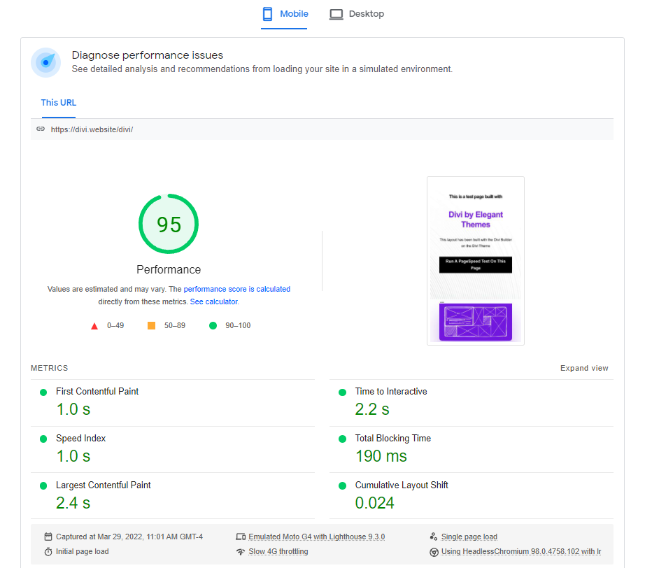 Divi-Demo-Zielseitenleistungsstatistiken von Google Page Speed Insights