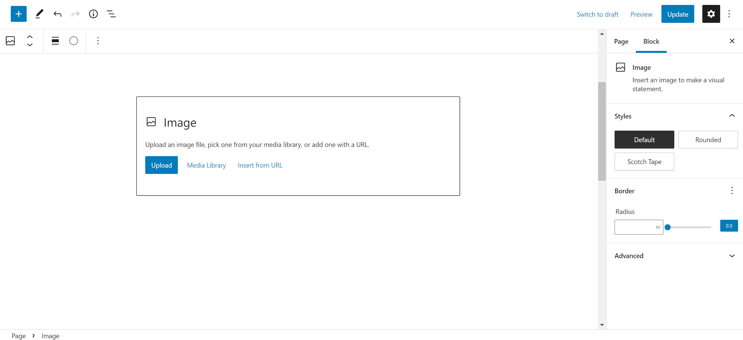 İçerik tuvaline bir Resim bloğu eklenmiş WordPress düzenleyici. Sağda, bir "Scotch Tape" varyasyonu da dahil olmak üzere üç blok stili vardır.