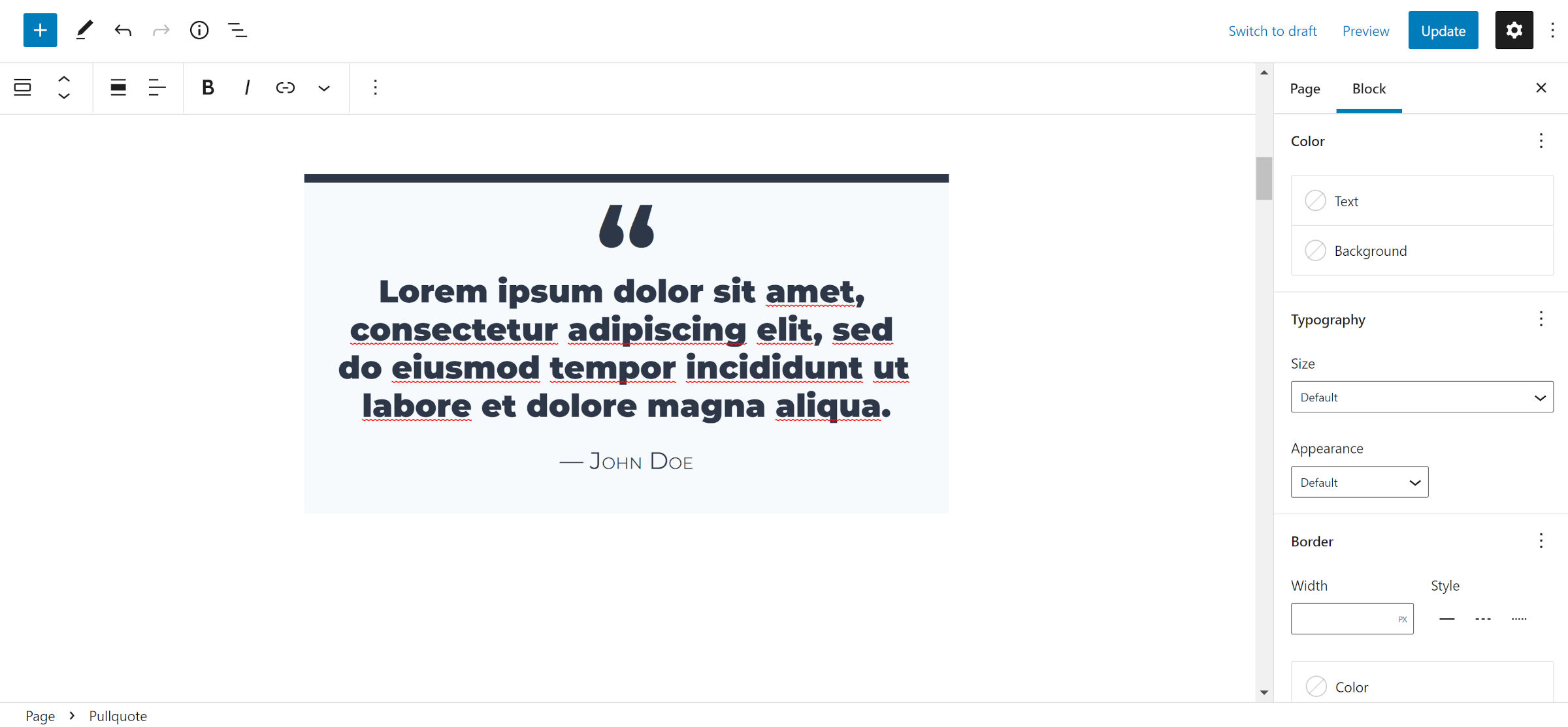 WordPress düzenleyici, içerik tuvalinde bir Pullquote bloğuyla açılır. Sağda, blok seçenekleri kenar çubuğu, tümü gösterilen renk, tipografi ve kenarlık kontrolleriyle açıktır.