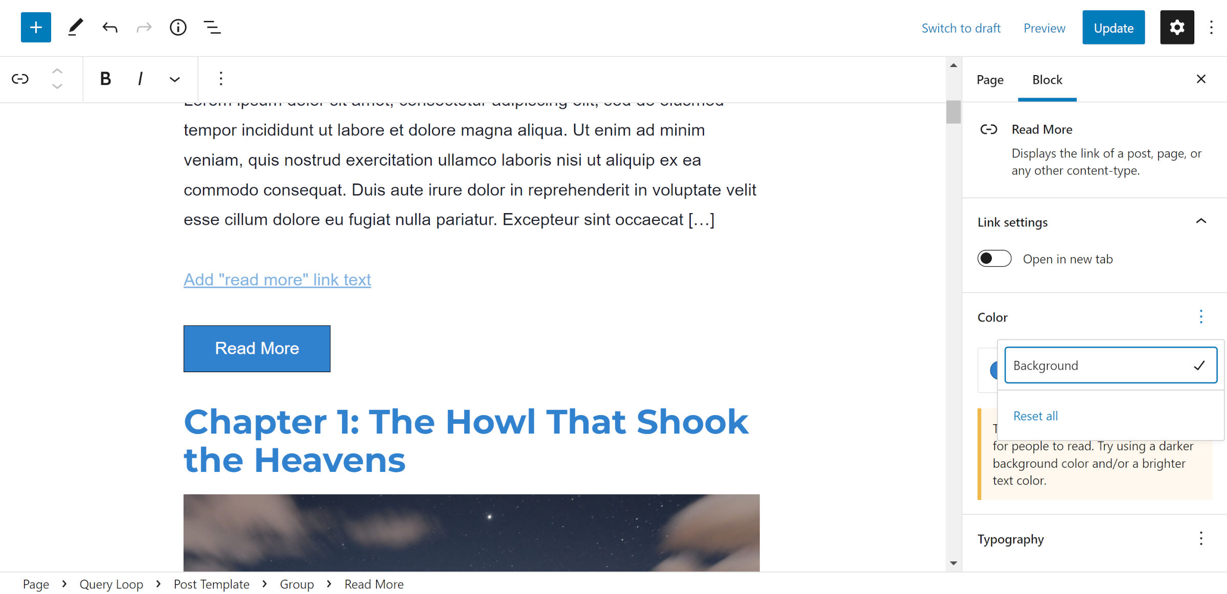 Sorgu Döngüsü bloğu, WordPress blok düzenleyicide, iç Daha Fazla Oku bloğu vurgulanmış olarak gösterilir.