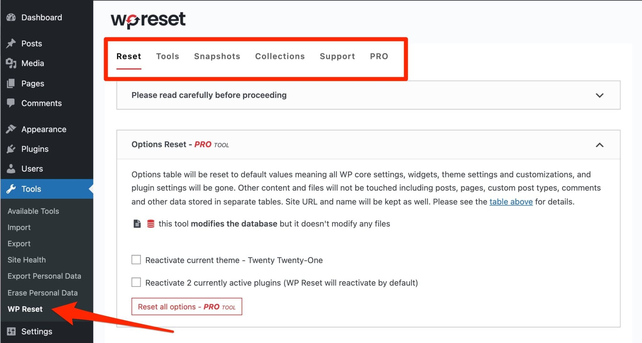 WordPress yöneticisindeki WP Reset eklentisinin ayarları.