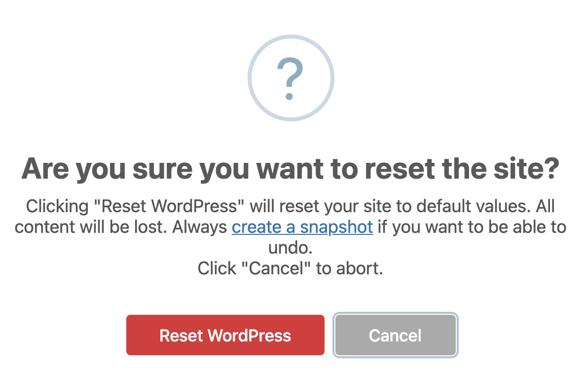 WP Reset, bir siteyi sıfırlamadan önce çift kontrol mekanizmasına sahiptir.