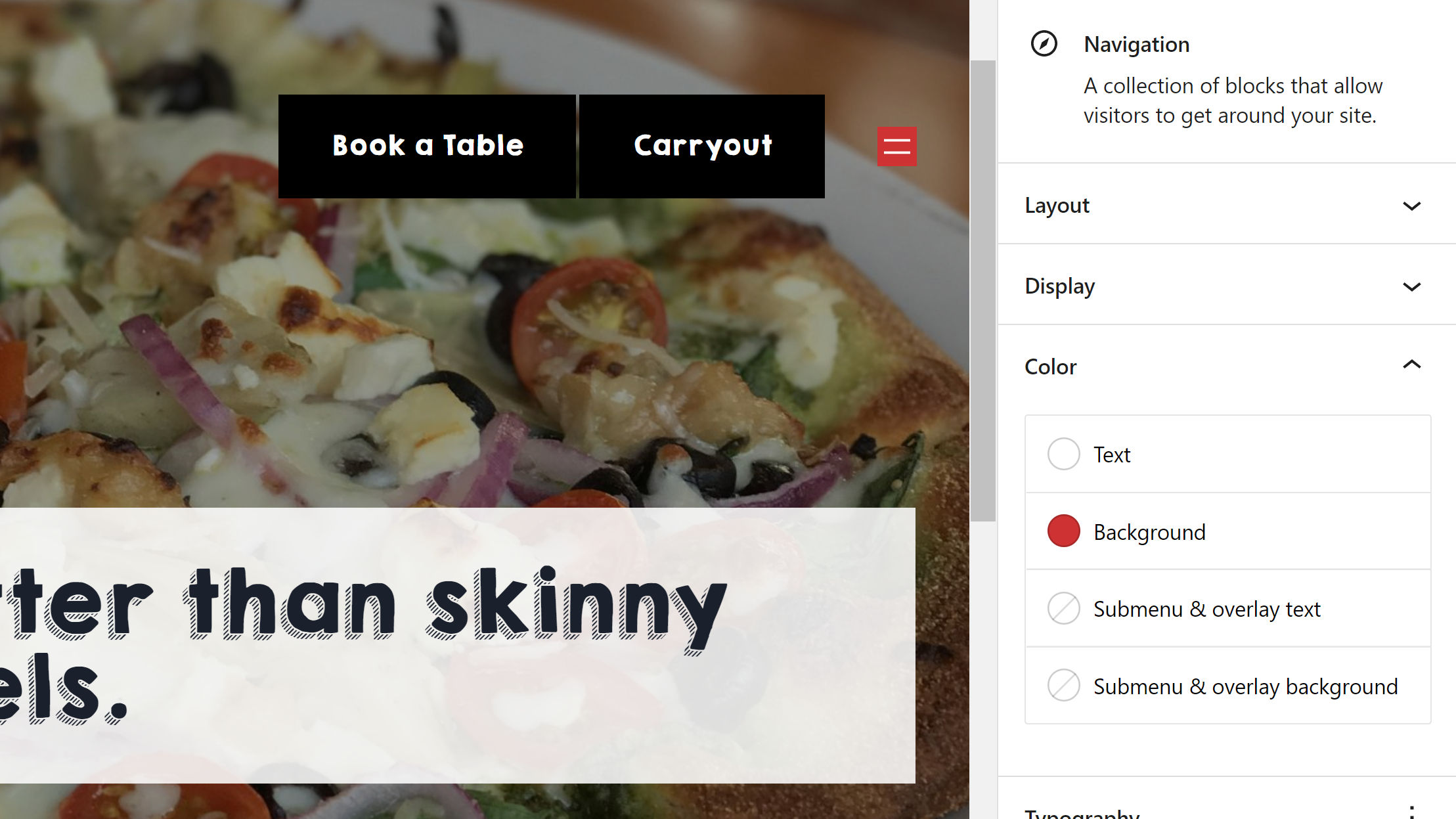 Editor de site WordPress cu un bloc de navigare doar pentru dispozitive mobile evidențiat. Este aliniat la dreapta unui bloc Buttons.