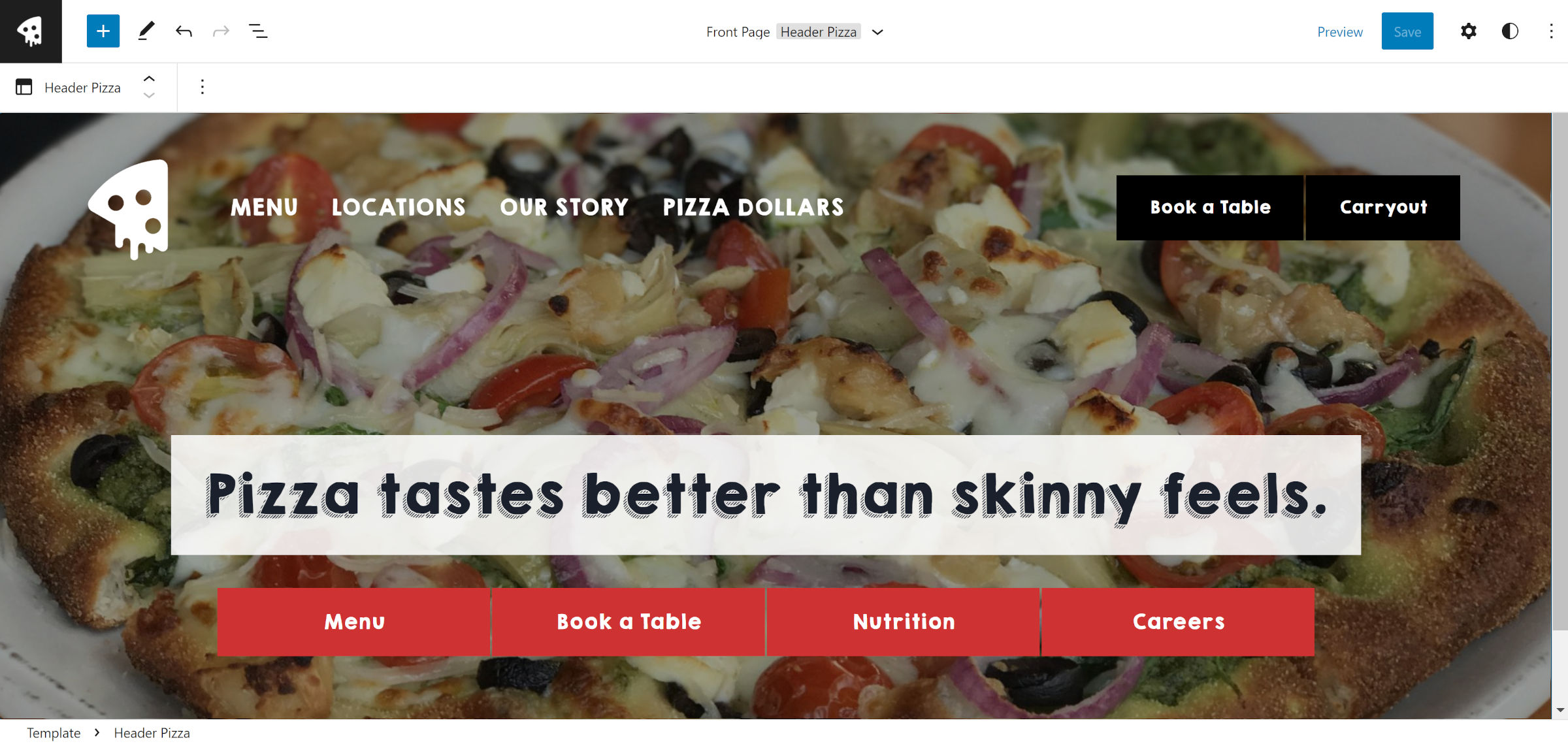 Antet restaurant pizza în editorul site-ului. Este selectată vizualizarea curentă a șablonului antet.