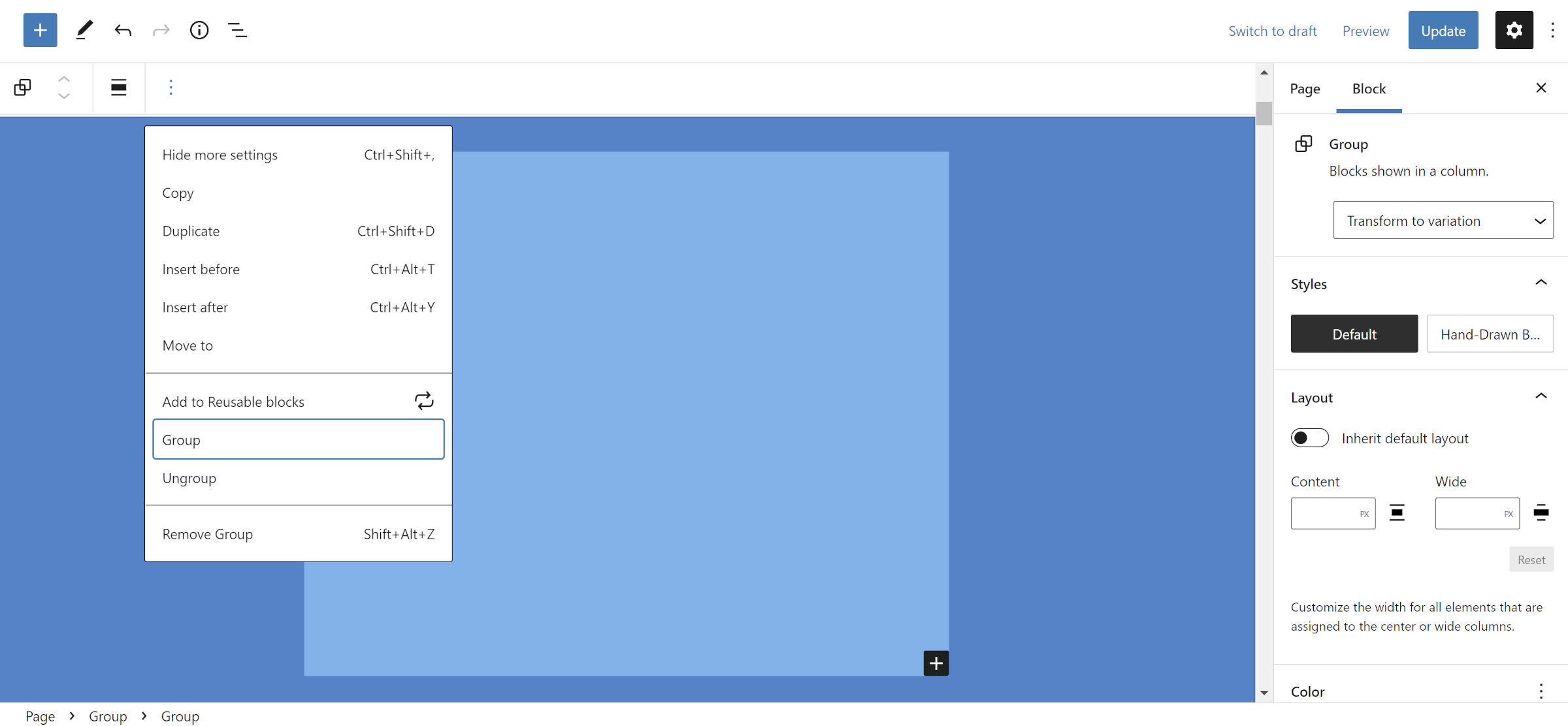 WordPress-Editor mit einem Gruppenblock, der in einem anderen verschachtelt ist.