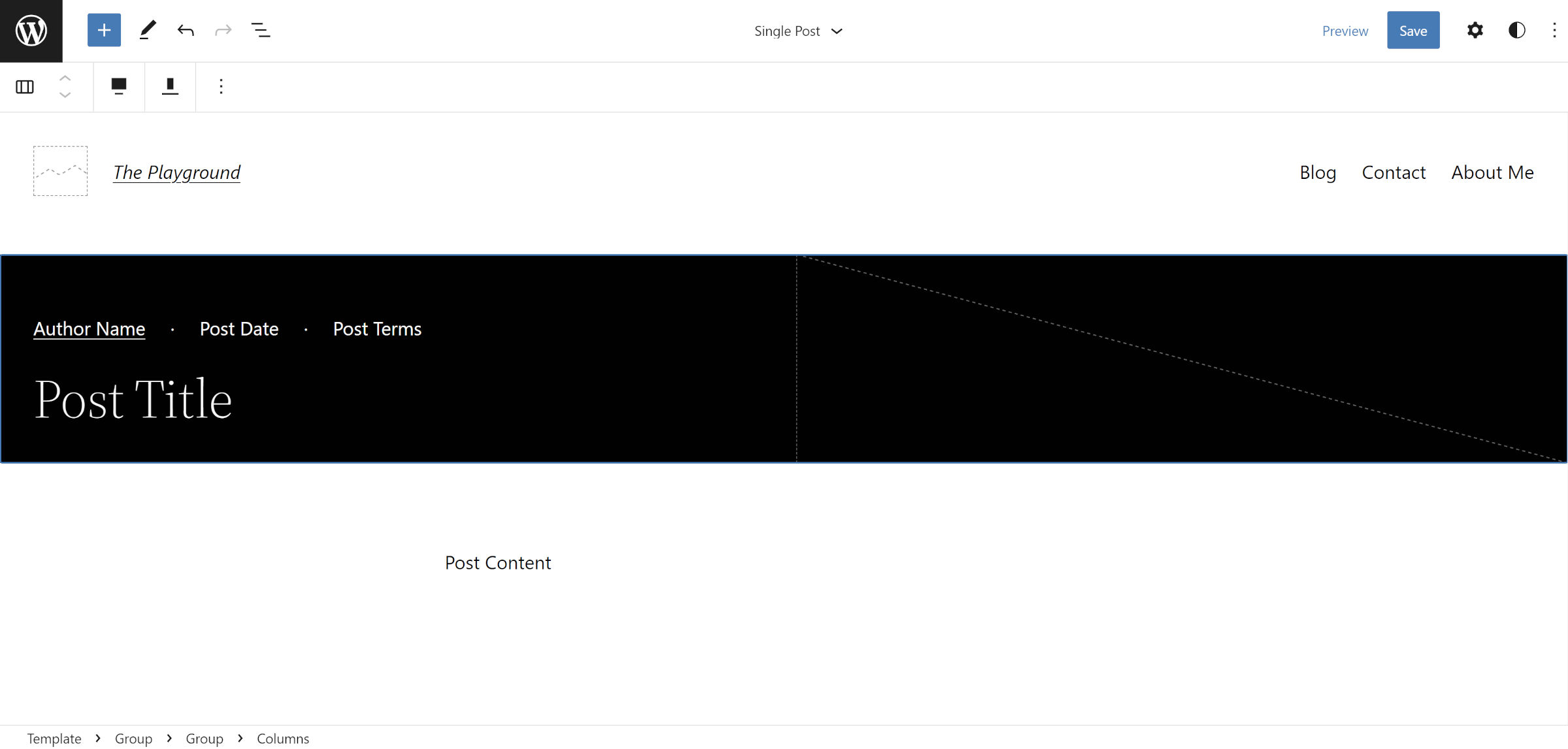 Bölünmüş ekran başlığıyla tek gönderi görünümünü gösteren WordPress site düzenleyicisi.