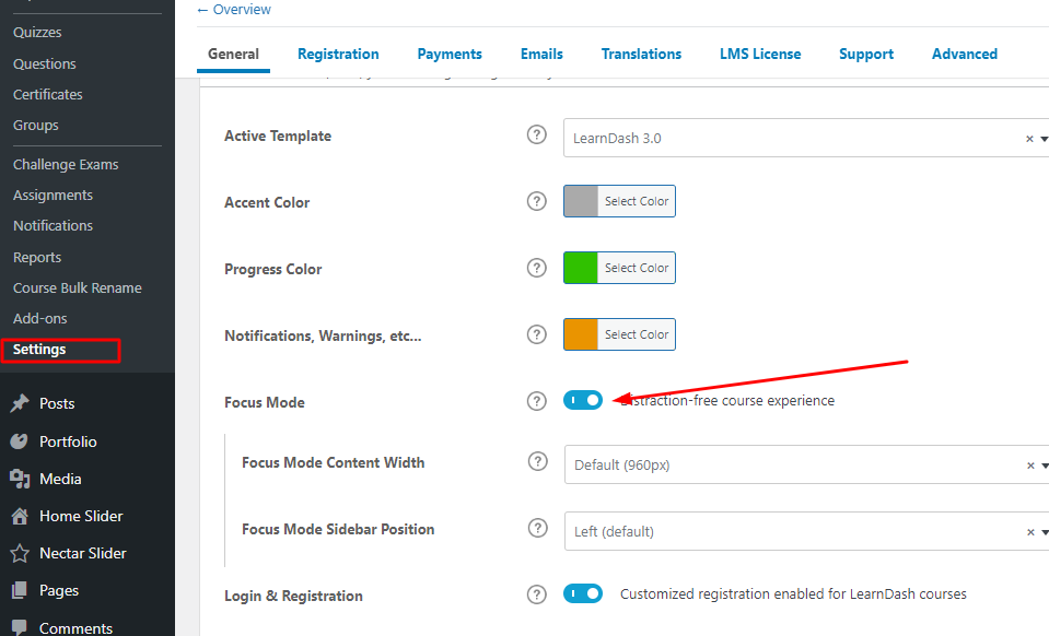 Revisão do LearnDash (2022): Plugin 4 do WordPress LMS nº 1 Learndash focus mode setting